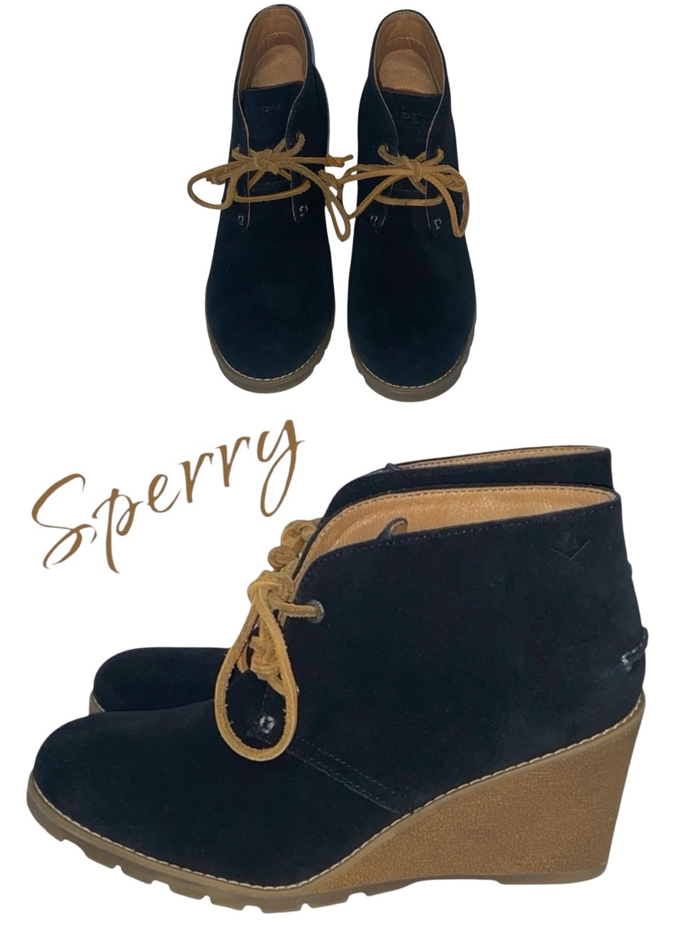 Sperry Top Sider Stella Black Suede Leather Wedge Ankle Boots Women's 8.5 M